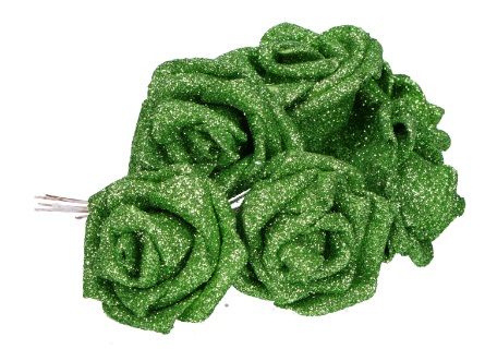 Dekorace vánoční RŮŽE s glitry 4cm - 6ks - Zelená