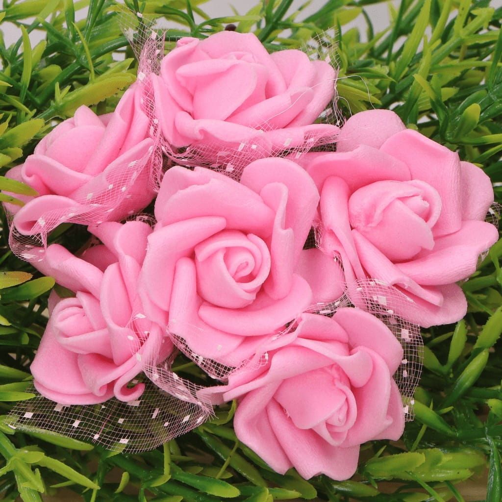 Růžičky na drátku pěnové s tylovým závojem 35mm - 6 růžiček - Sytá růžová