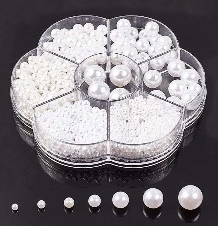 Akrylové korálky imitace perel GLANCE v plastovém boxu cca 899ks