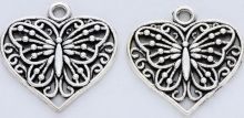 Bižuterní dekorace Srdce s motýlem barva antik stříbrná 23x22x2mm - 1ks