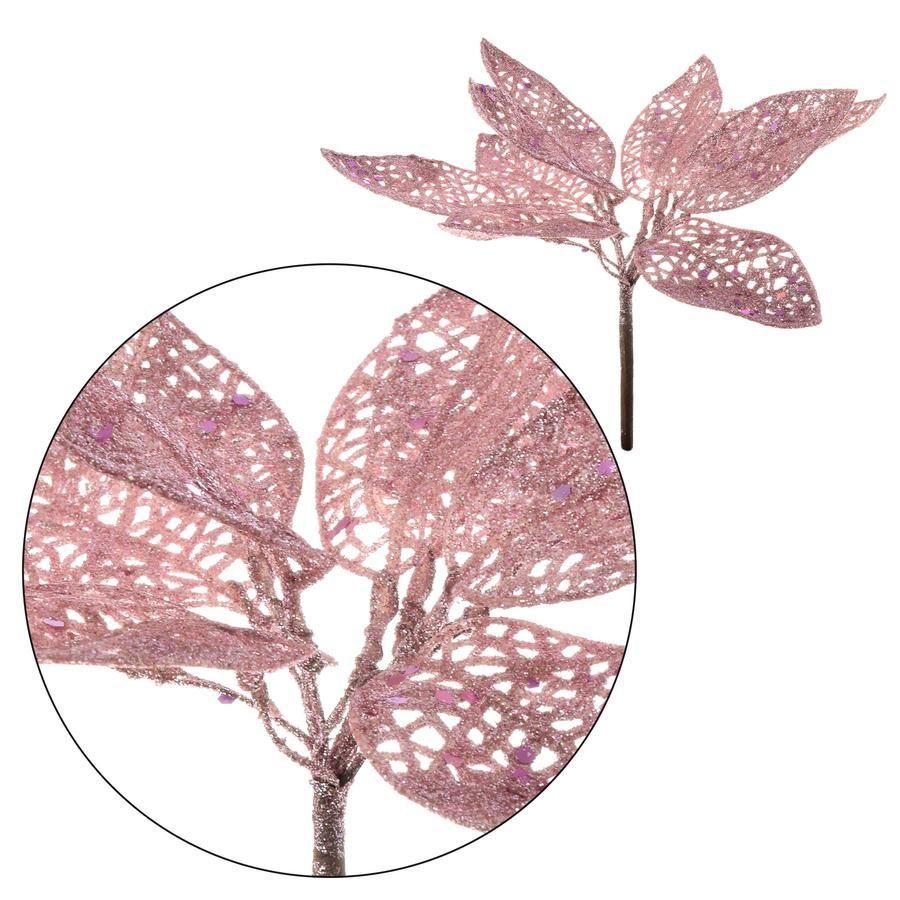 Dekorace umělá glitrová přízdoba Větvička s listy 18cm - 10 listů - Růžová