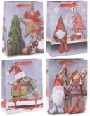 Dárková taška vánoční zdobená glitry 23,7x17,5x8,5 cm - 1ks | Sáně, Skřítek a stromek, Skřítek s panenkou, Zelený stromek