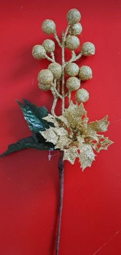 Dekorace umělá glitr větvička Vánoční růže a bobule 30 cm- 1ks - Zlatá