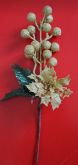 Dekorace umělá glitr větvička  Vánoční růže a bobule 30 cm- 1ks | Zlatá
