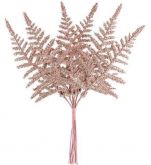 Dekorace umělá s glitry růžové zlato větvička Kapradí 19cm - 6ks | Růžové zlato, Stříbrná