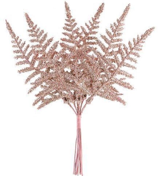 Dekorace umělá s glitry růžové zlato větvička Kapradí 19cm - 6větv. - Sněhová bílá
