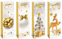 Taška Vánoční Lux papírová s glitry na víno 12x33x10cm | Baňka, Jelen, Rozetka, Stromeček