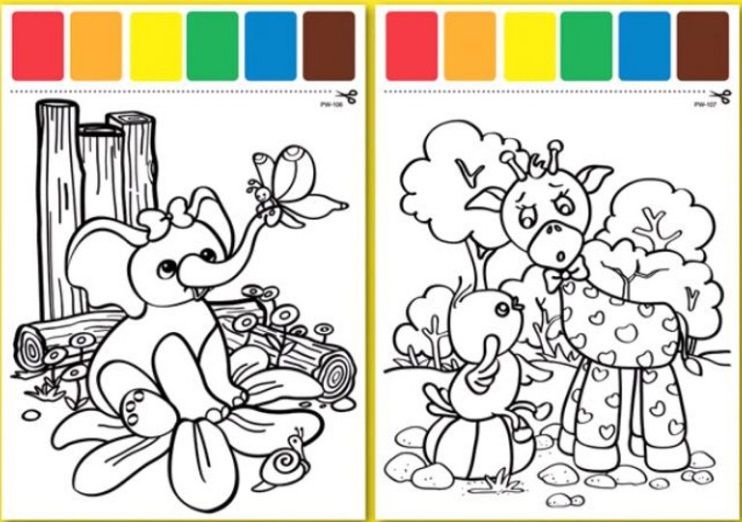 Kreativní omalovánka s barvičkami A4 - 2ks - Žirafa a slon
