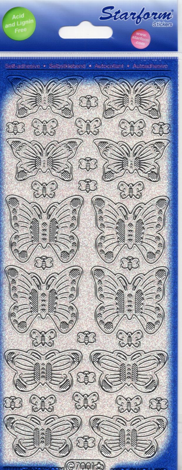 Obrysové samolepky stříbrné Motýli s glitry 10x23cm