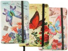 Zápisník s gumou pevné desky A5 linka 80 listů - 1ks | Červený motýl, Fialovo-žlutý motýl, Modrý motýl, Růžovo-modrý motýl