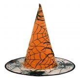 Čarodějnický klobouk s pavučinkou a pavouky ø 37cm - 1ks - Oranžový