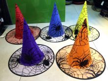 Čarodějnický klobouk s pavučinkou a pavouky ø 37cm - 1ks | Červený, Fialový, Modrý, Oranžový