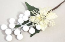 Dekorace umělá větvička s bílou Vánoční růži a glitry 29cm - 1ks