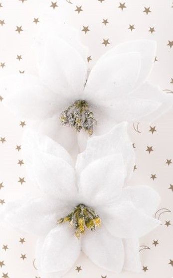 Dekorace umělá přízdoba Vánoční růže na klipu 13cm - 2 květy - Bílá
