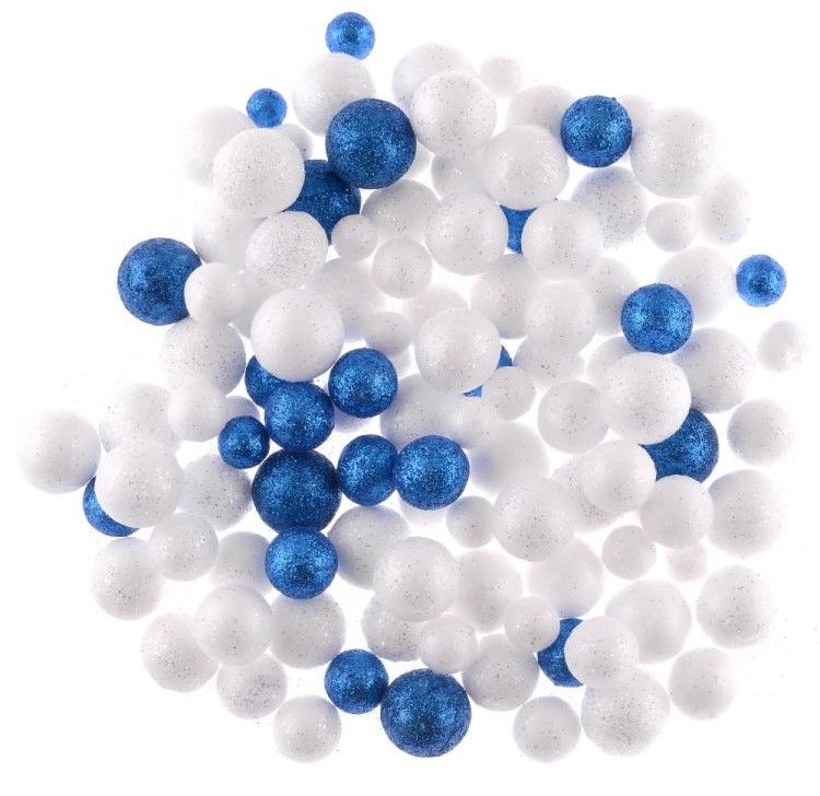 Kouličky polystyren s glitry 15-20mm - 20g - Bílé a modré