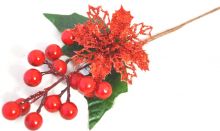 Dekorace umělá větvička červená Vánoční růže glitr a bobule 29cm - 1ks