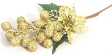 Dekorace umělá větvička zlatá Vánoční růže glitr a bobule 29cm - 1ks