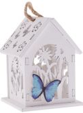 Dekorace dřevo Domek s motýlkem na zavěšení 50x65mm - 1ks - Modrý