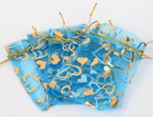 Dárkový pytlíček sv.modrá organza zlaté Srdíčka 12x10cm