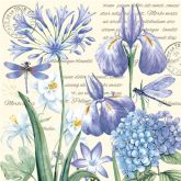 Ubrousek 33x33cm Modré květy, kosatce, vážka 1ks, na decoupage