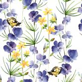 Ubrousek 33x33cm, Modré květy s motýly, akvarel, 1ks, třívrstvý s potiskem, s motivem na 1/4 ubrousku. 