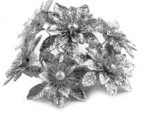 Dekorace vánoční růže - 6ks - Stříbrné