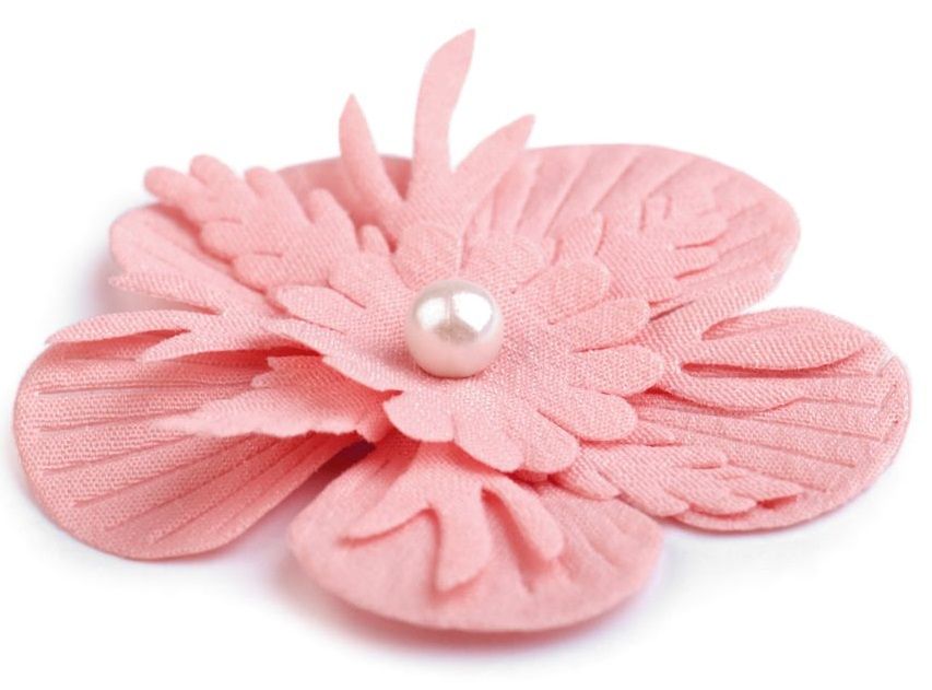 Textilní květ s perlou 53mm - 1ks - Růžová