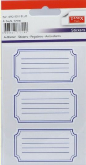Samolepící štítky TANEX 6,4x3,5 cm - 4 archy/12štítků/ - Modré