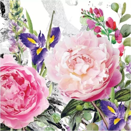 Ubrousek 33x33cm Růže pink s květy 1ks na decoupage Ambiente